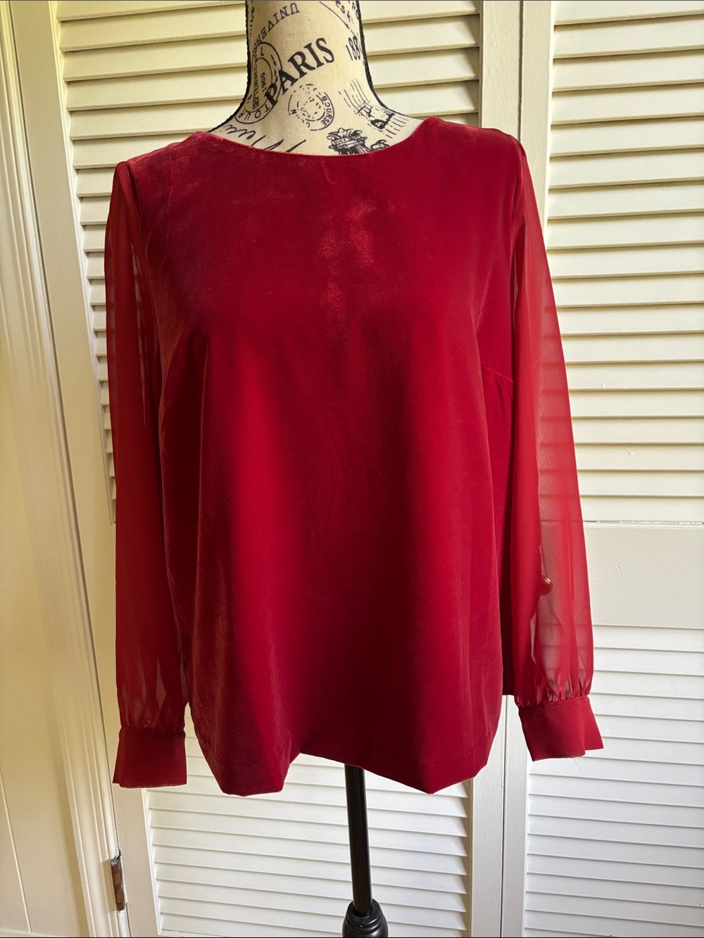 J.Crew Red Velvet Puff Sleeve Blouse Top Size M